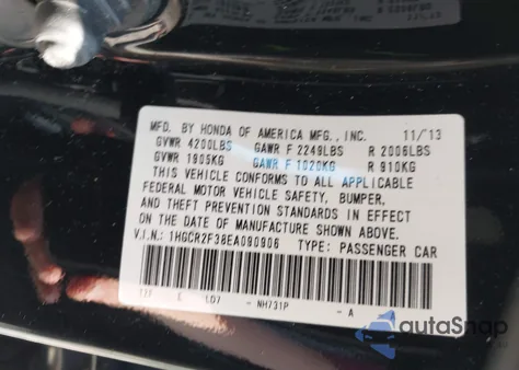 2014 Honda Accord Lx z USA, uszkodzony, nr VIN 1HGCR2F38EA090906